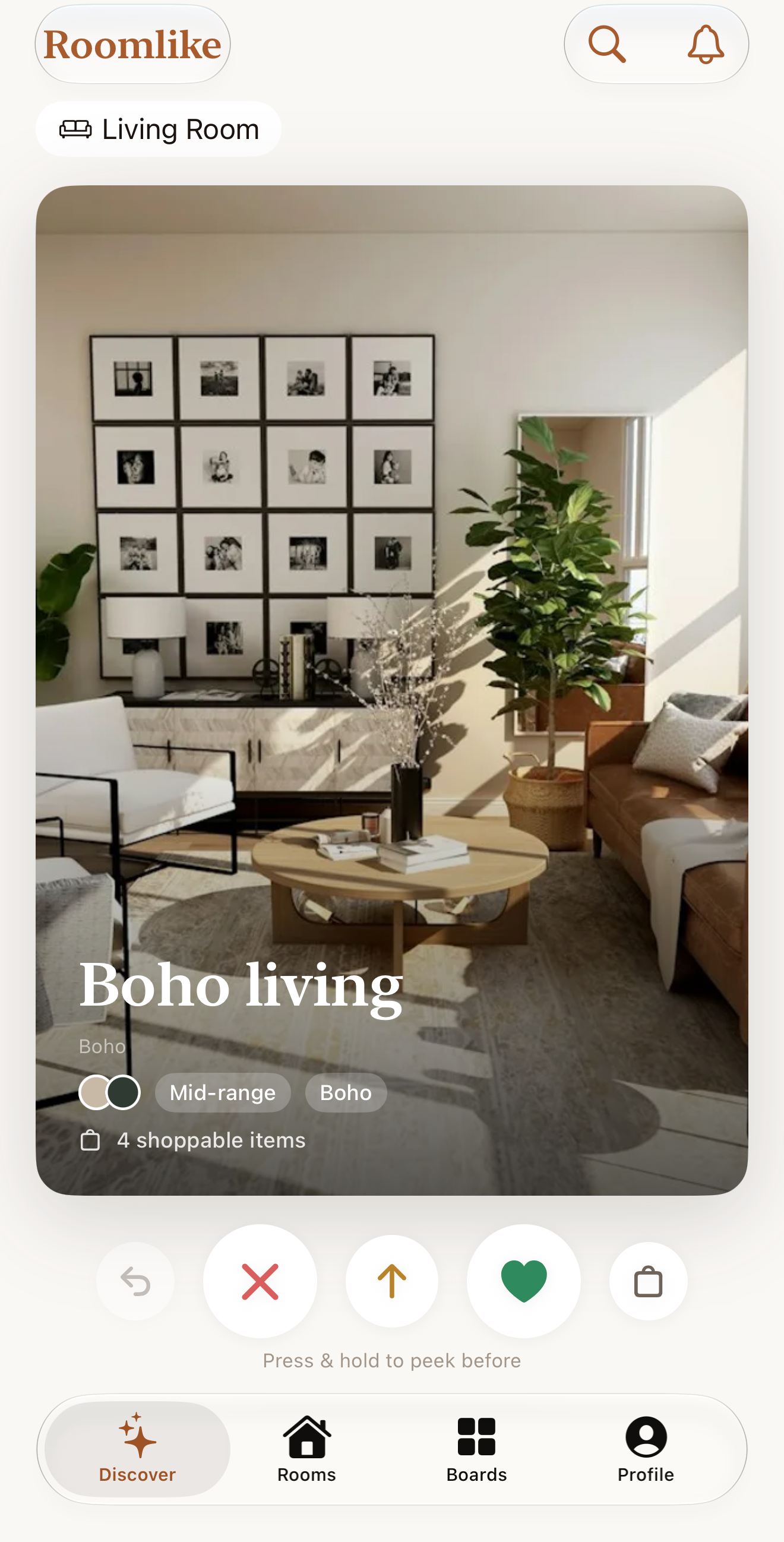 Roomlike Discover feed showing a redesign of a living room in Boho style