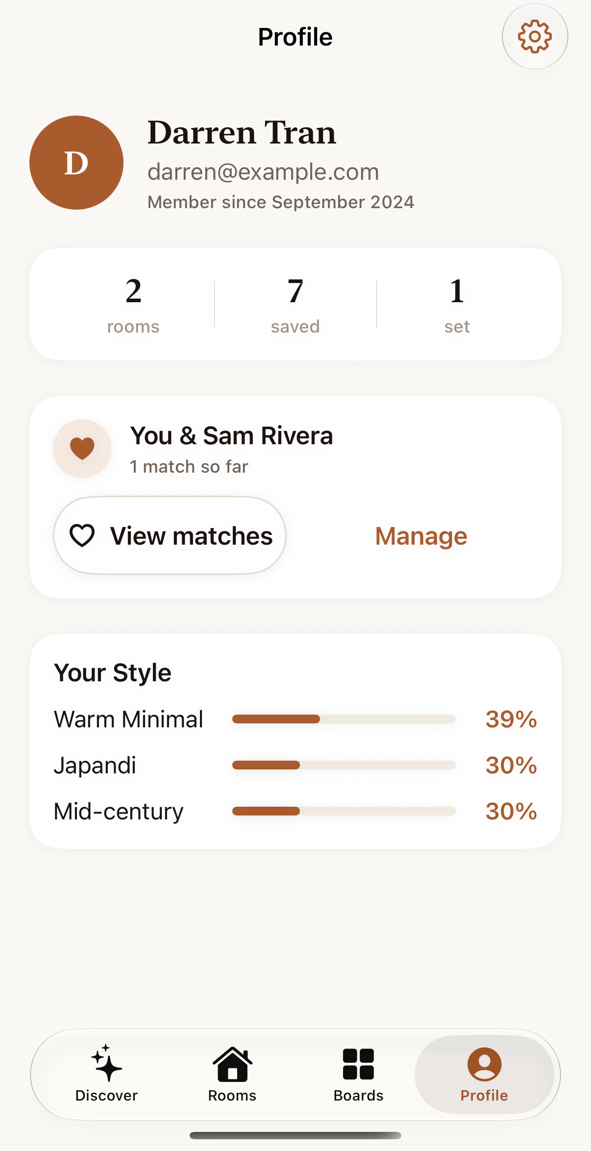 Profile screen with a Your Style breakdown of Boho, Coastal and Industrial